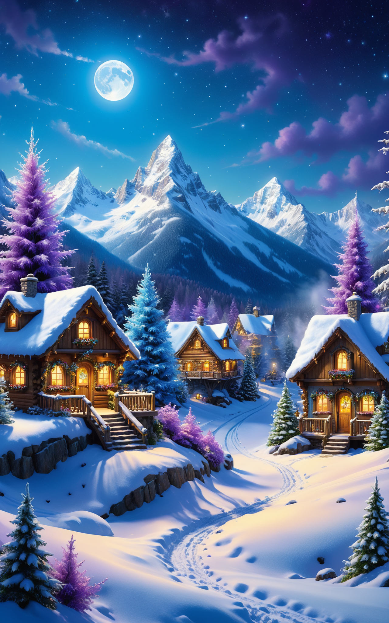 03999-1750625613-Charming fairy tale village, snow-covered decorated christmas trees, warm inviting cabin, ultra sharp digital oil painting, snow.png